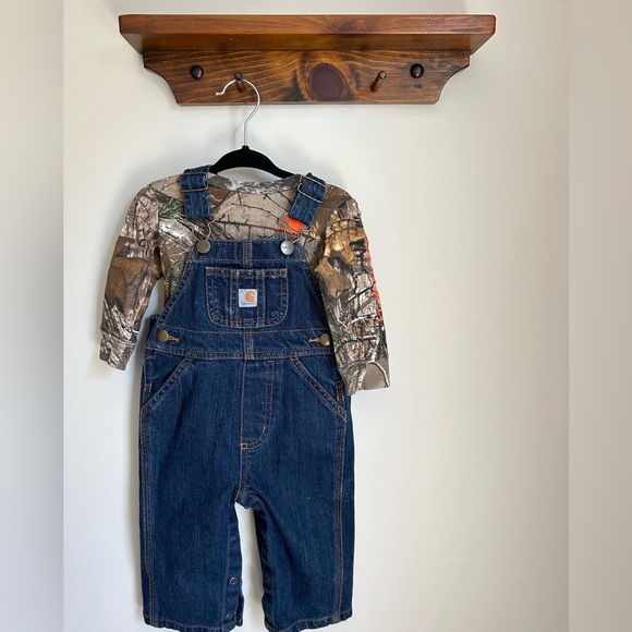 Carhartt Denim Bib Overalls w/Long Sleeve Onesie // 9M - Picture 1 of 3